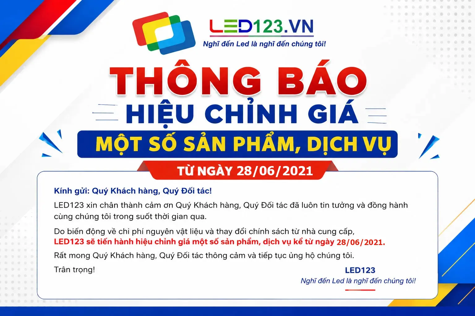 Thông báo hiệu chỉnh giá một số sản phẩm, dịch vụ từ ngày 28/06/2021