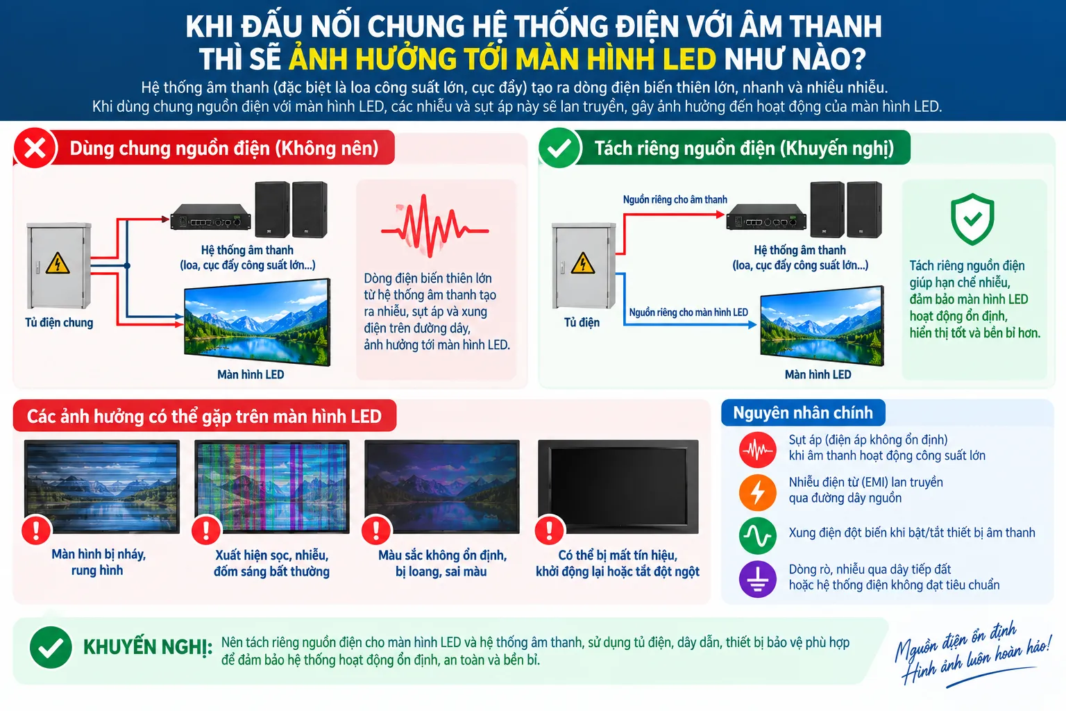 Màn hình LED và âm thanh có đặc điểm tải điện khác nhau