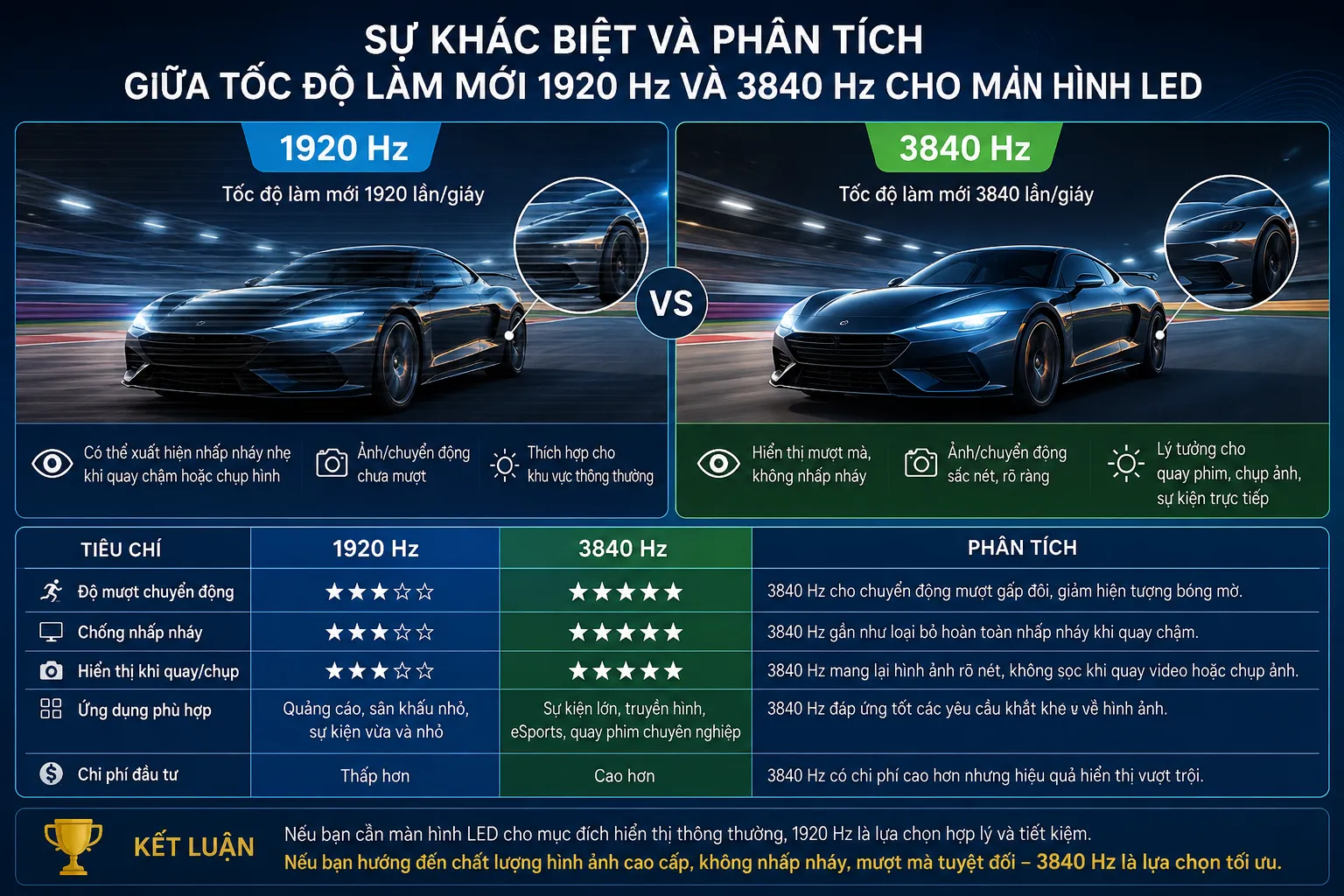 Sự khác biệt và phân tích giữa tốc độ làm mới 1920 và 3840 Hz cho màn hình LED